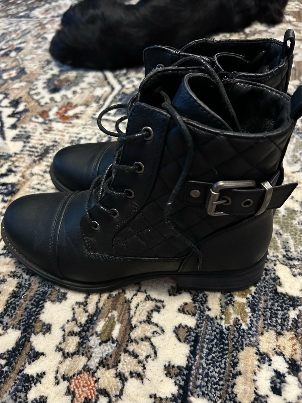Global Win Black Quilted Lace-Up Ankle Boots with Buckle